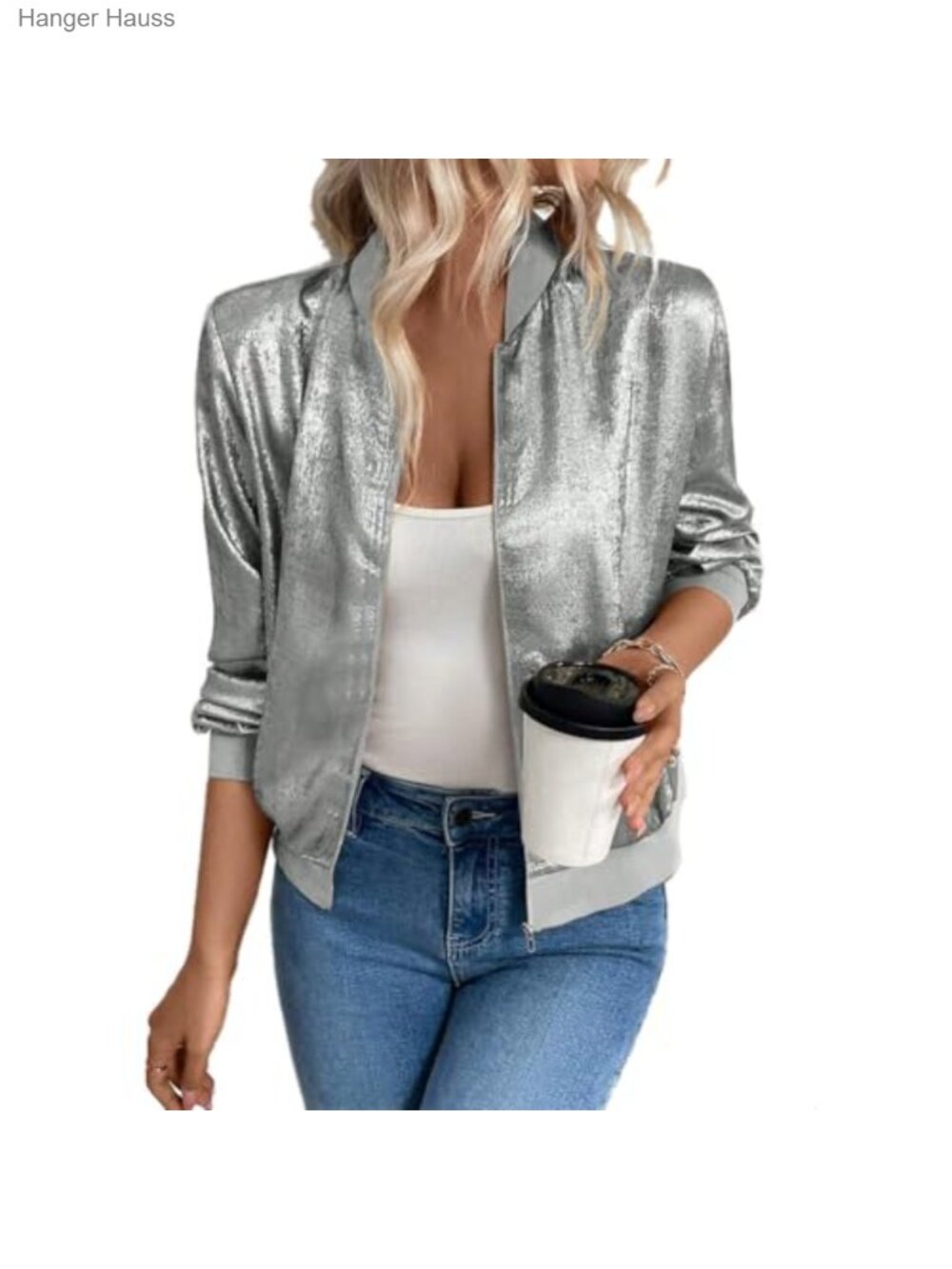 Women's Lightweight Shiny Bomber Jacket Zip-Up Cropped Windbreaker